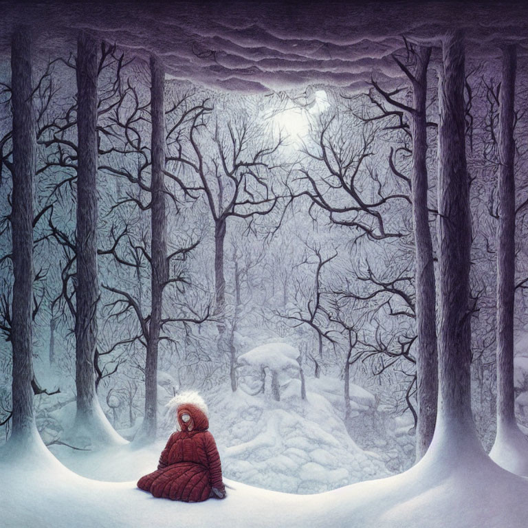 Person in red coat sitting in moonlit snowy forest