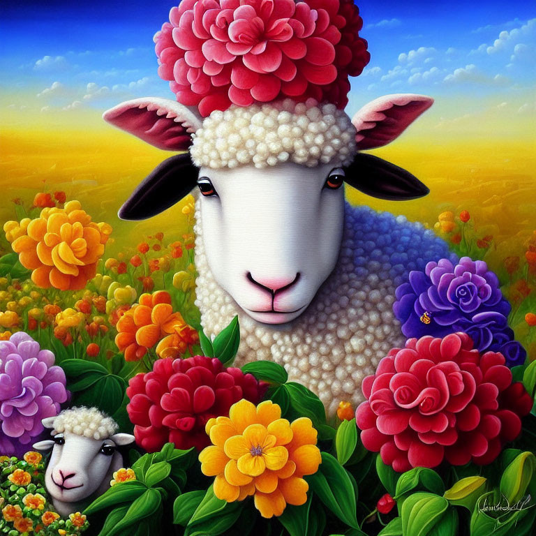 Colorful Sheep Painting with Flower-Like Wool in Floral Landscape