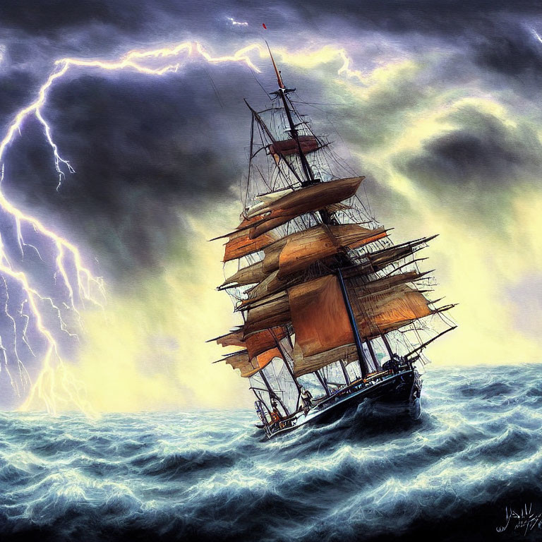 Tall ship sailing in stormy sea with lightning
