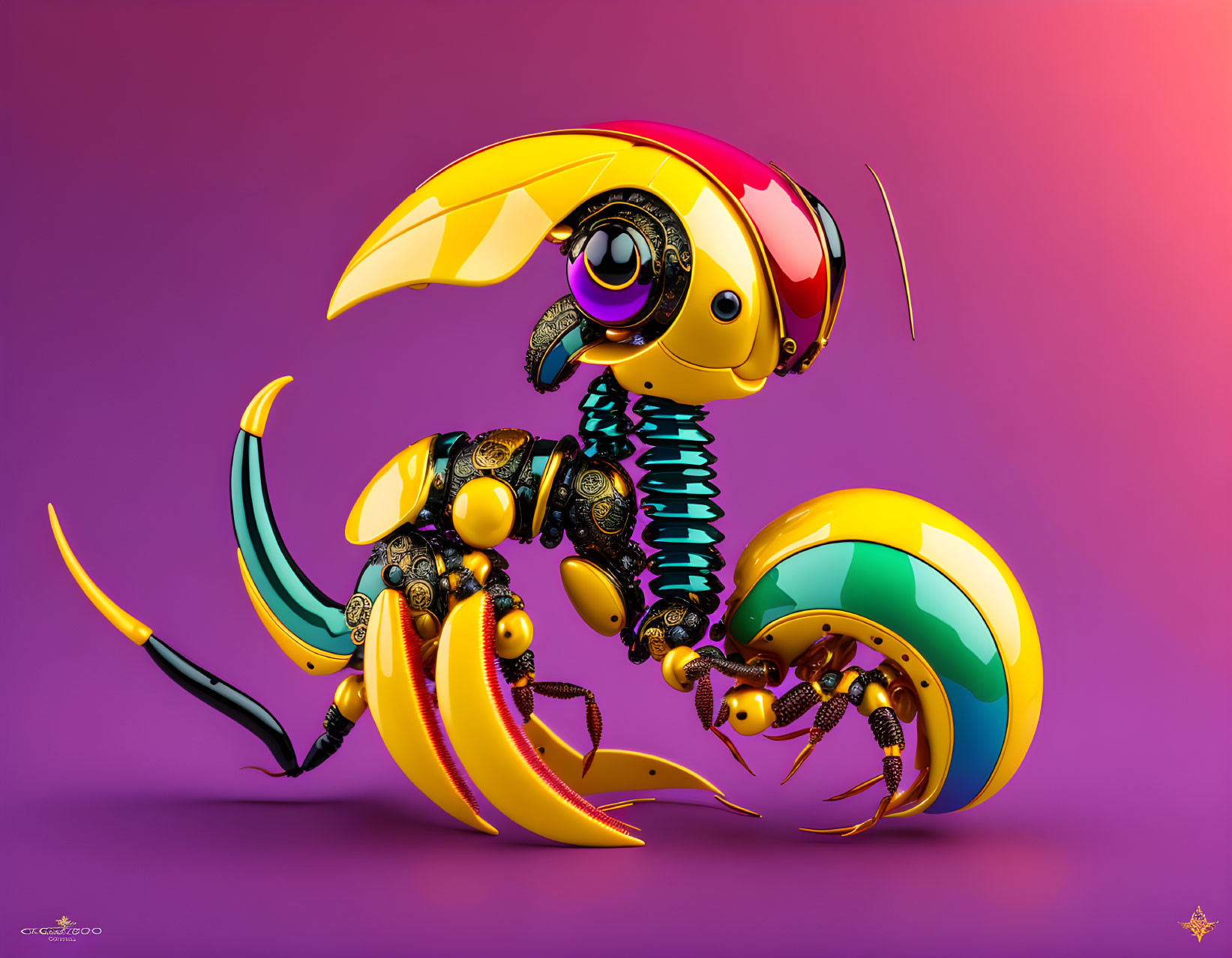 Vibrant Yellow and Pink Mechanical Scorpion on Purple Background