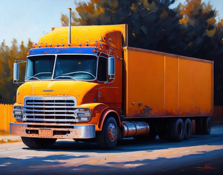 Colorful painting of yellow semi-truck with orange trailer under sunny sky