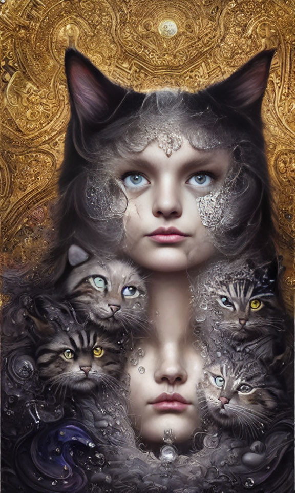 Fantastical portrait of woman with cats and gold-silver patterns