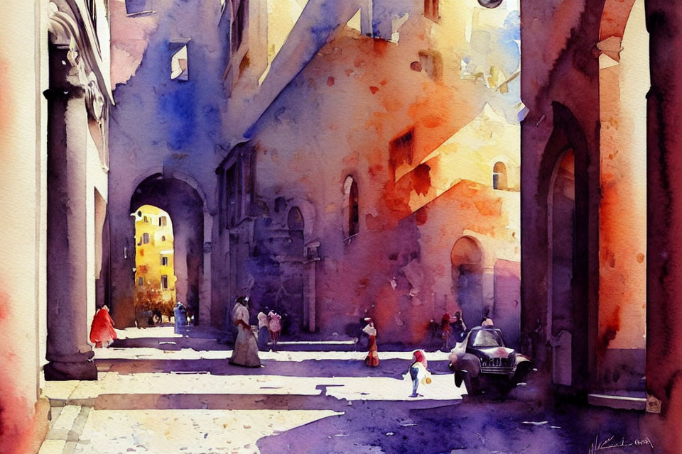 Colorful Watercolor Painting of European Street Scene with People and Car