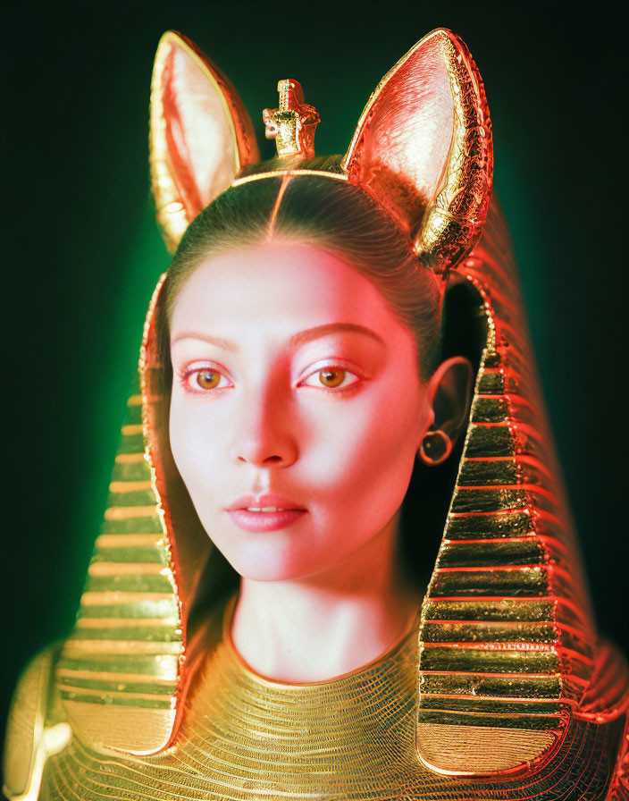 Elaborate Egyptian-style headdress with golden ears and snake crown in greenish-yellow light