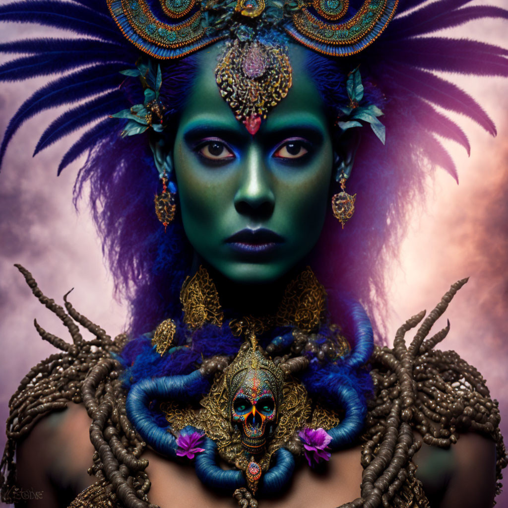 Elaborate peacock-themed makeup with skull and serpents in green and blue tones