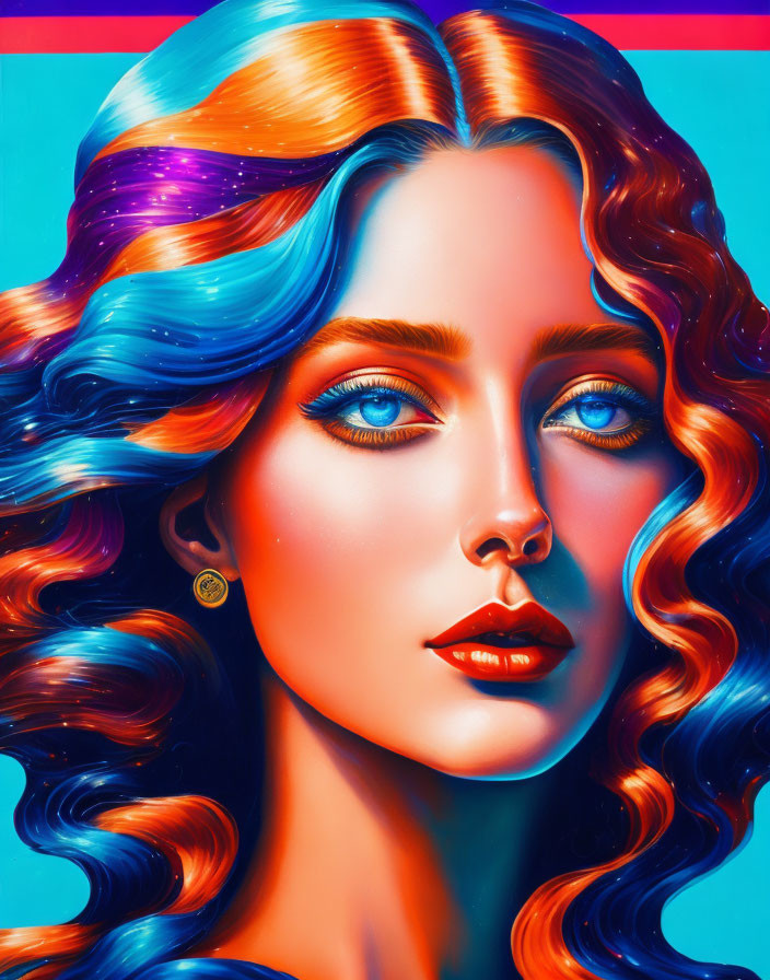 Colorful portrait of woman with multicolored hair and blue eyes in surreal art style