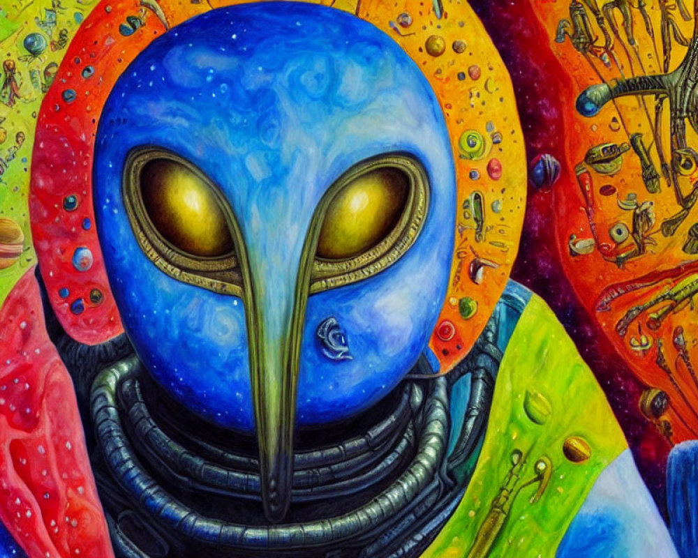 Colorful alien figure with blue head and yellow eyes in vibrant cosmic artwork