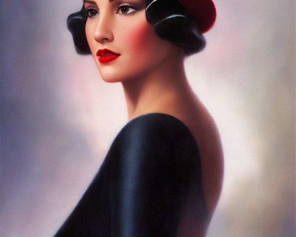 Illustrated portrait of woman with red hat, bold lipstick, classic hairstyle, gazing to side