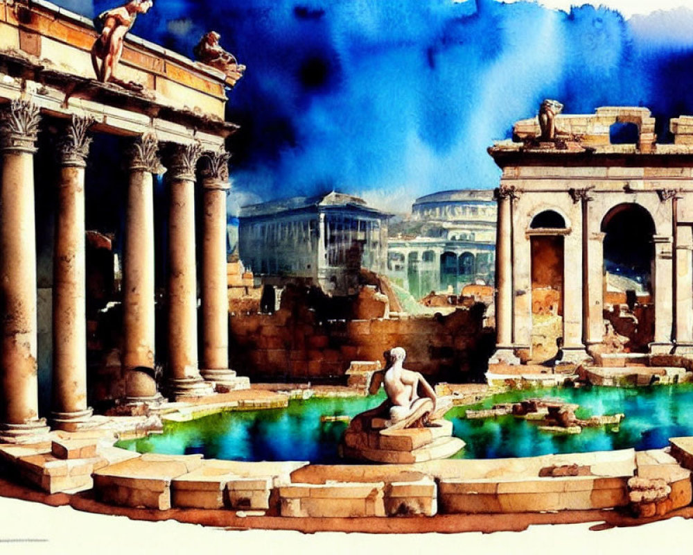 Ancient Roman ruins watercolor painting with columns and sculptures