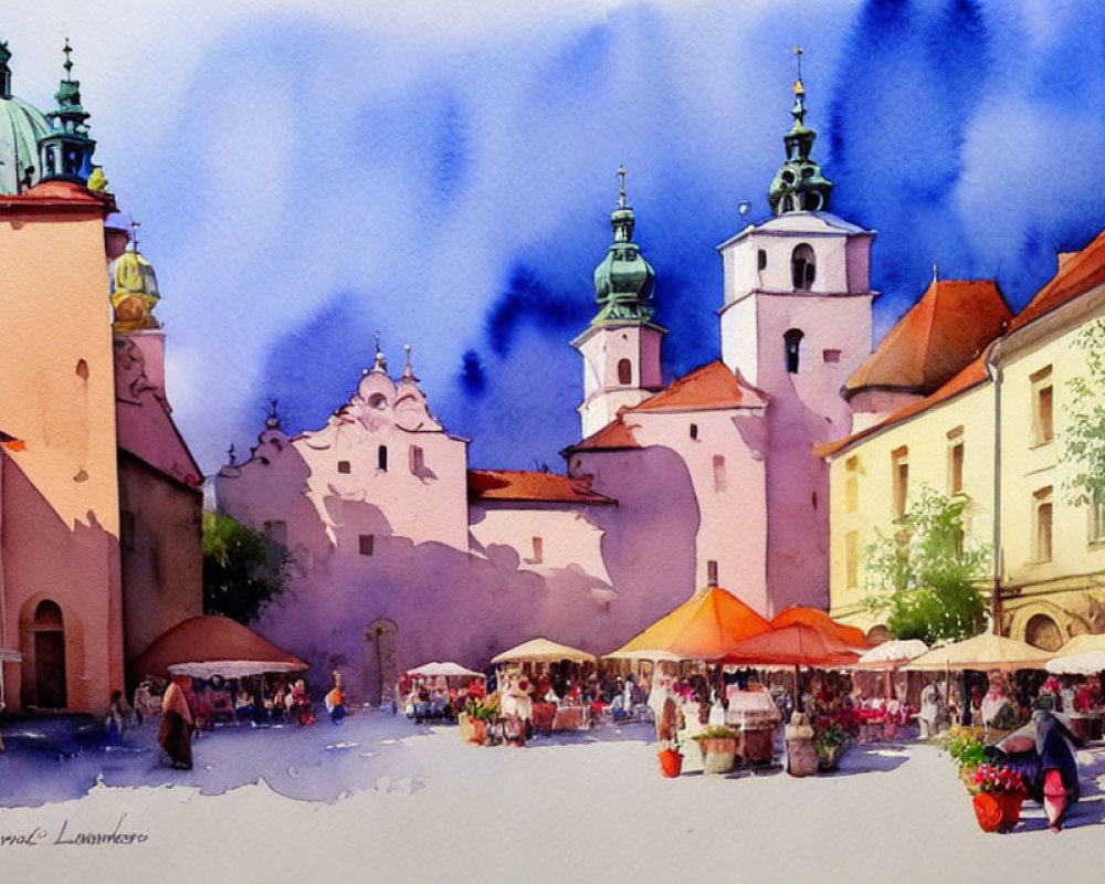 European town square watercolor painting with market stalls and historic buildings.
