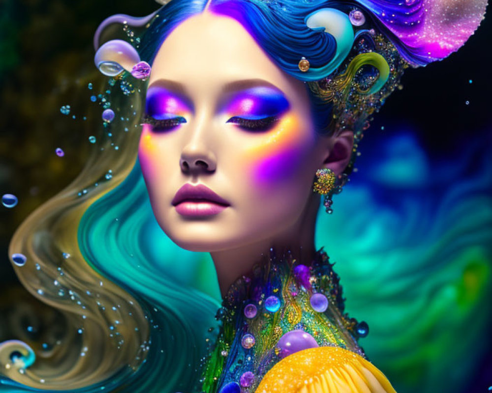 Vibrant blue hair and vivid makeup in surreal portrait.