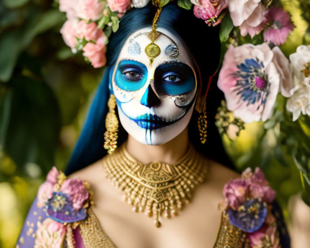 Person with ornate skull makeup and colorful flowers in hair, wearing traditional attire and gold jewelry against floral