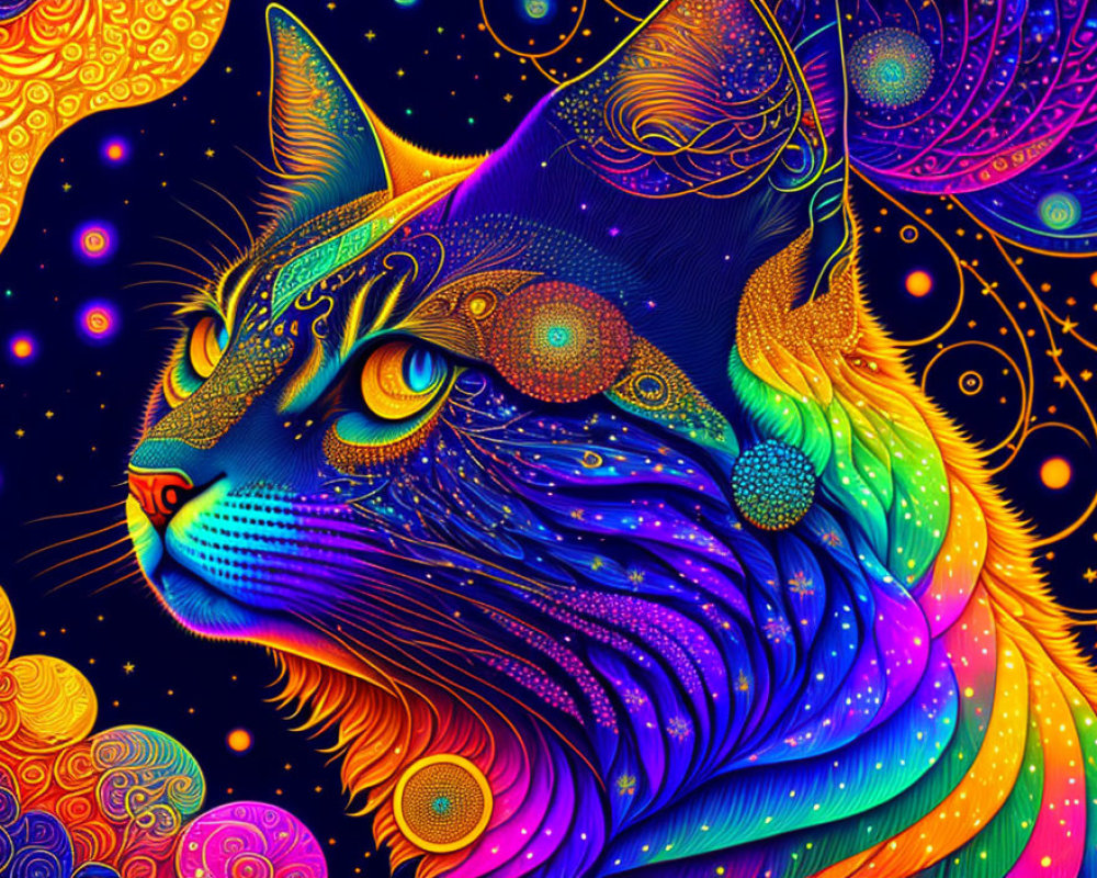 Colorful Psychedelic Cat Illustration on Celestial Background