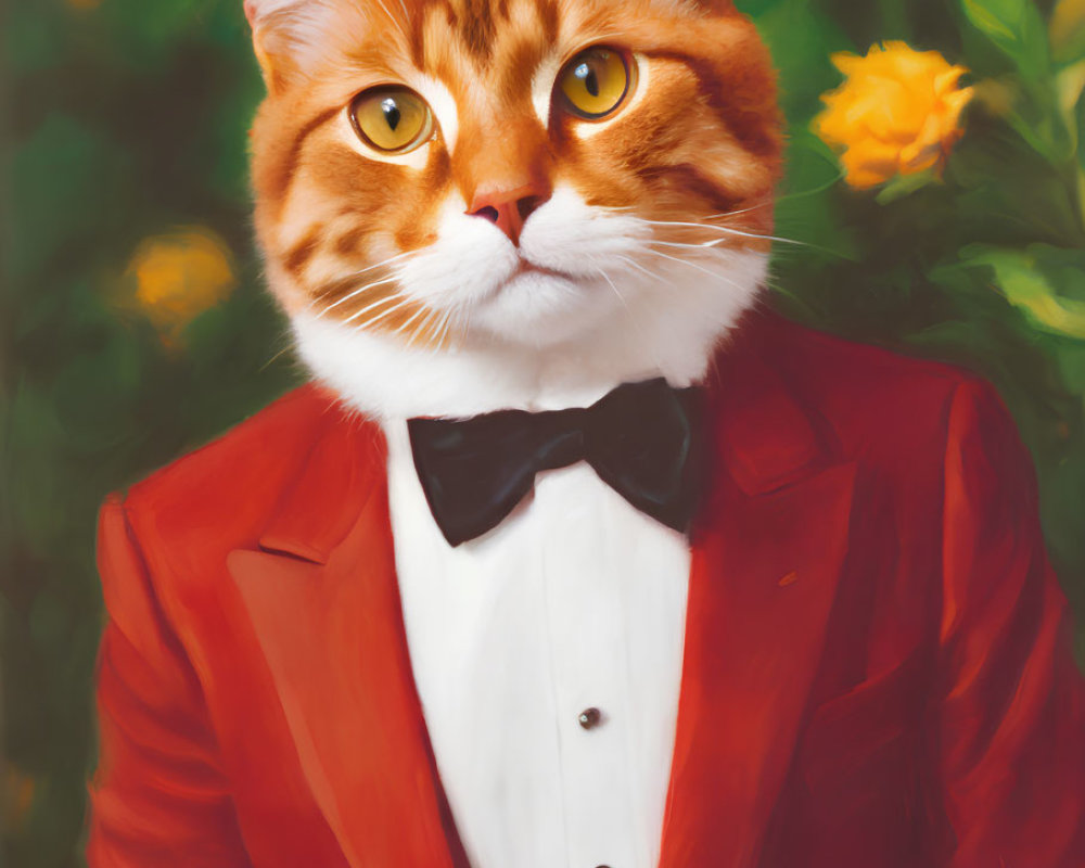 Orange Tabby Cat in Red Tuxedo Against Floral Background