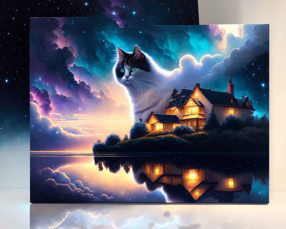 Majestic cat in lakeside sunset scene with cozy house and starry sky