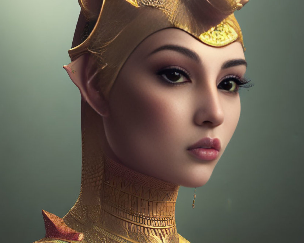 Digital artwork: Ancient Egyptian style with modern twist, woman in cat-like headdress & gold jewelry