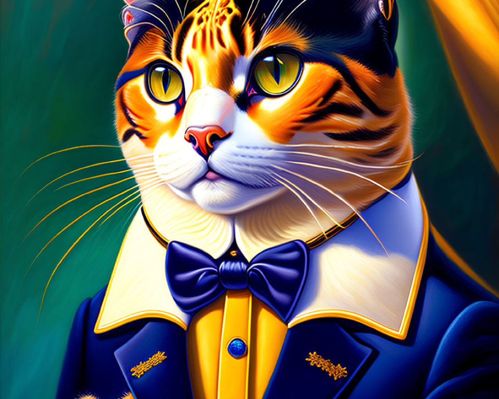 Colorful Cat Illustration with Human-Like Attire on Green Background
