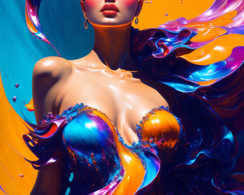 Vibrant liquid paint swirls around woman with flowing hair