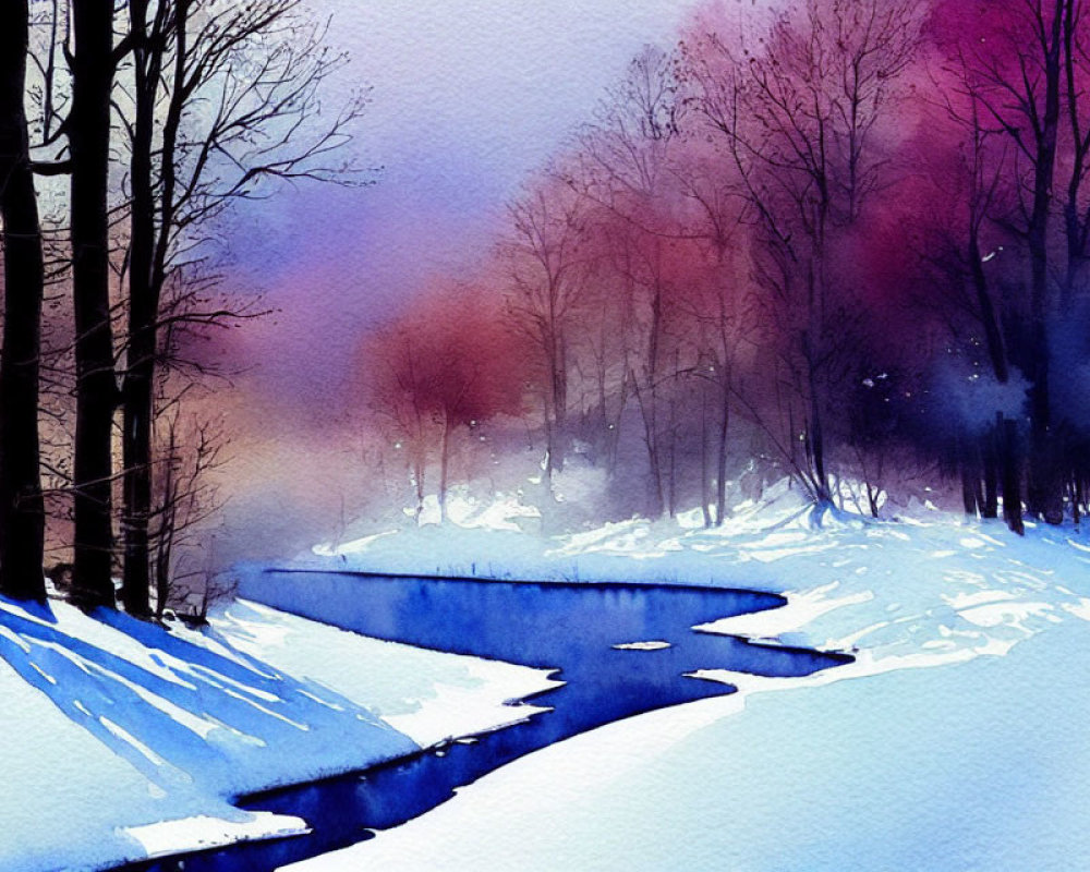 Snowy landscape watercolor painting with creek and bare trees