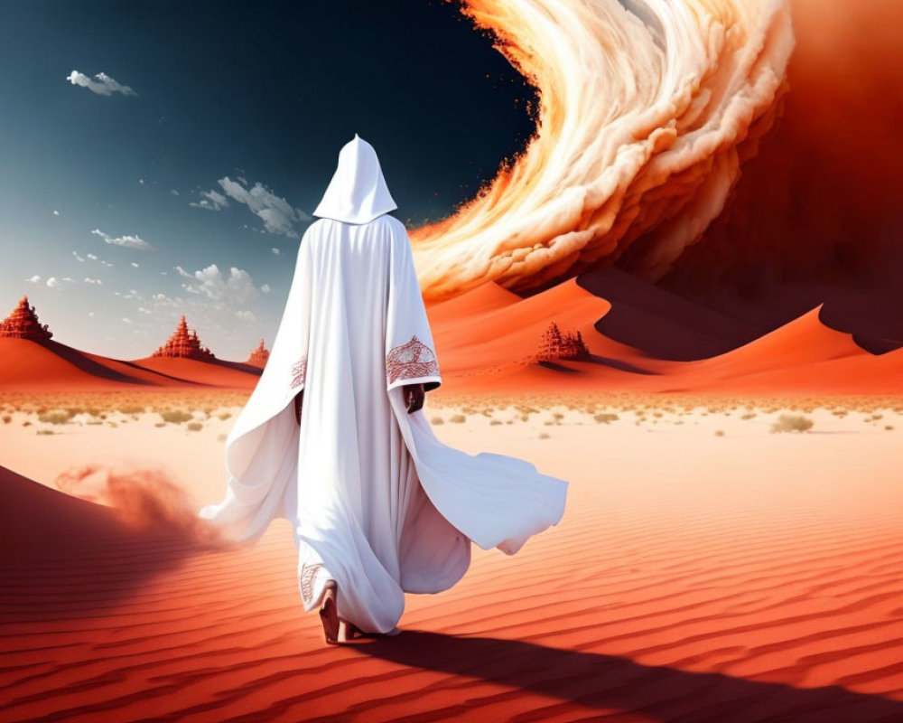 Robed Figure Walking on Red Sand Dunes Under Orange Sky