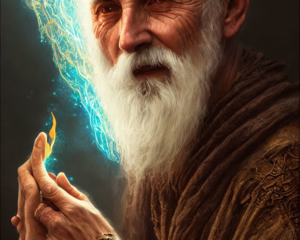 Elderly Wizard Conjuring Flame with Lightning Bolt
