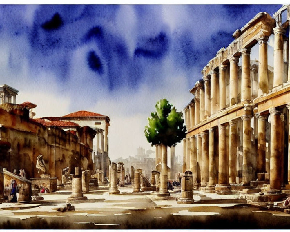 Ancient Roman ruins watercolor painting with columns, statues, and trees under a blue sky.