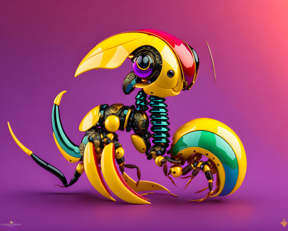Vibrant Yellow and Pink Mechanical Scorpion on Purple Background