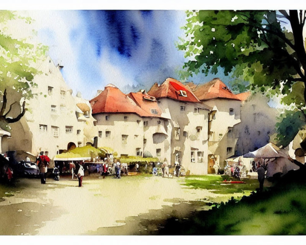 European Town Scene Watercolor with Market Stalls and Sunny Sky