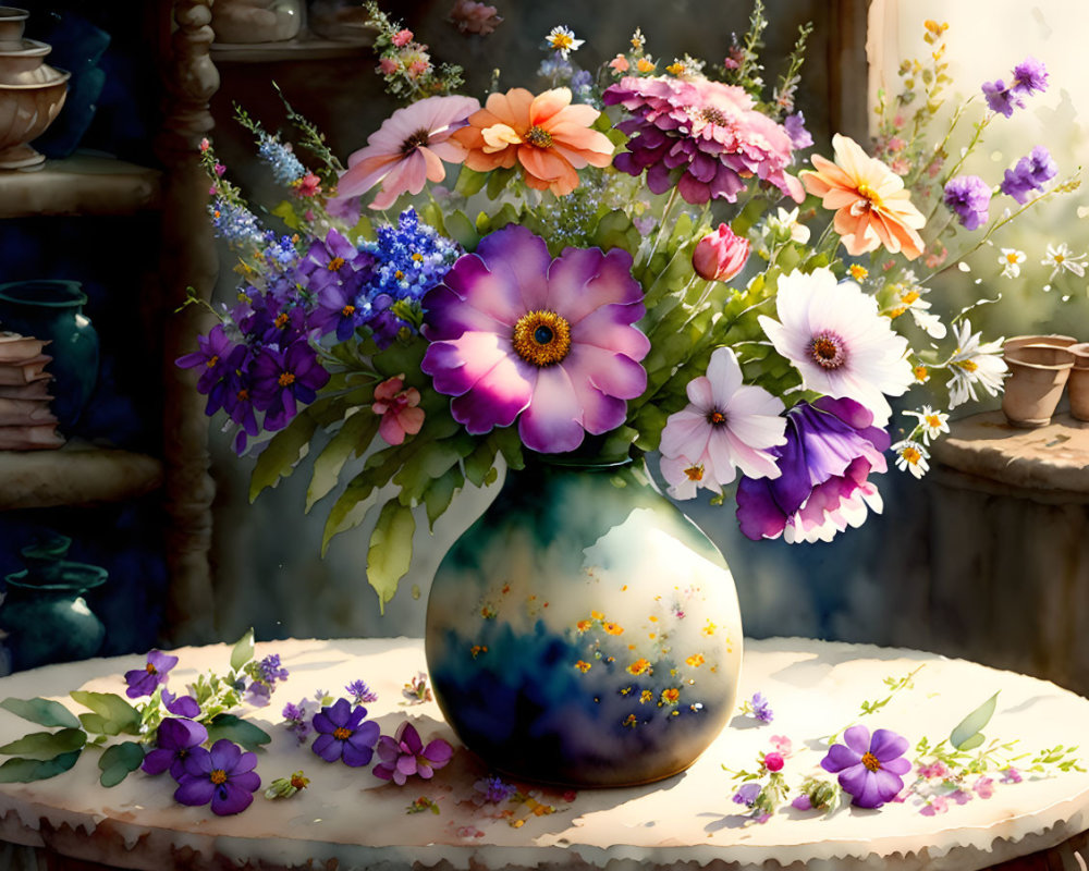 Colorful Flower Bouquet in Blue and Gold Speckled Vase on Sunlit Table