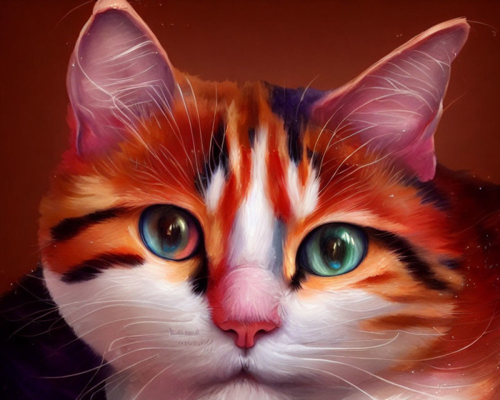 Calico Cat with Green Eyes and Pink Nose Close-Up