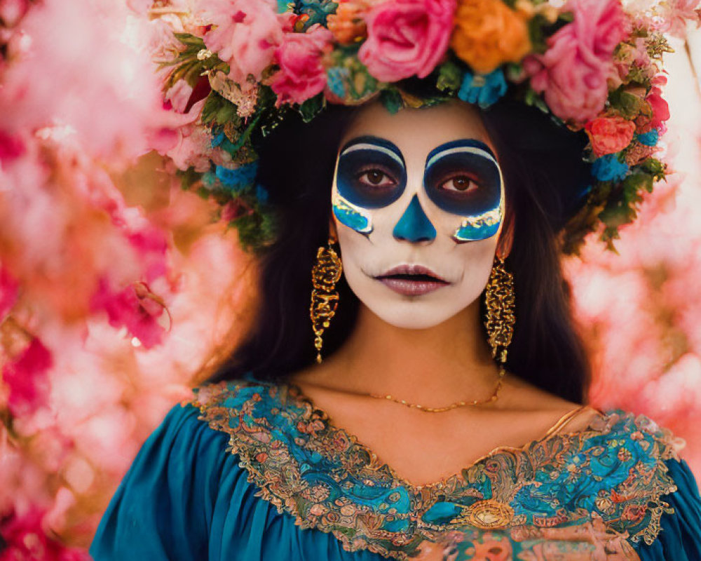 Woman with floral headdress and Day of the Dead makeup in pink blossom setting