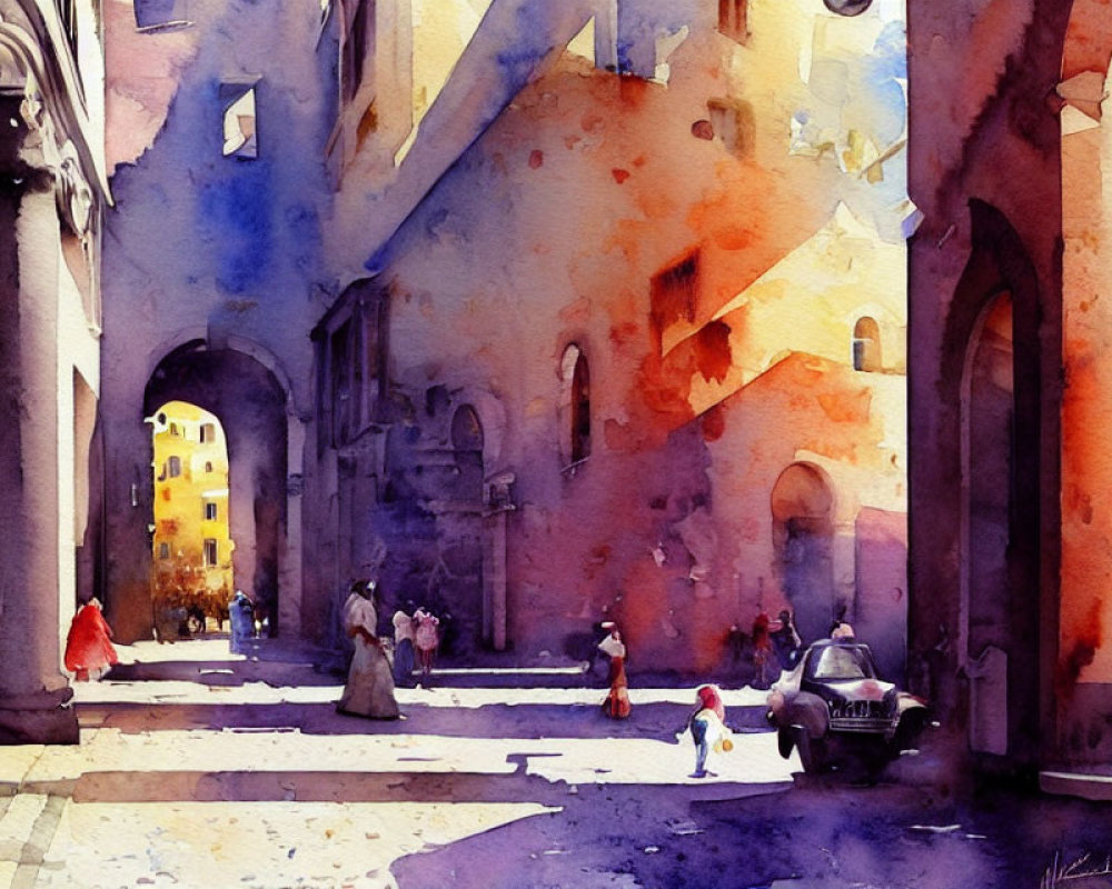 Colorful Watercolor Painting of European Street Scene with People and Car