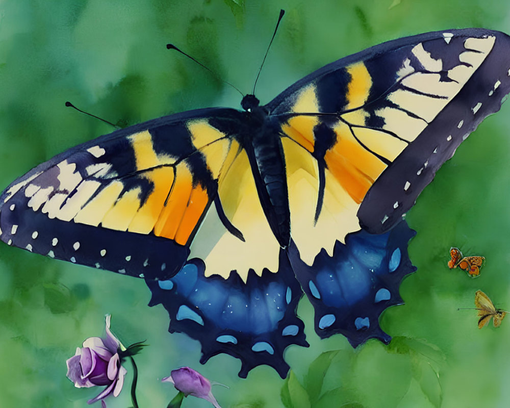 Colorful Butterfly Illustration with Yellow and Blue Wings and Purple Flower