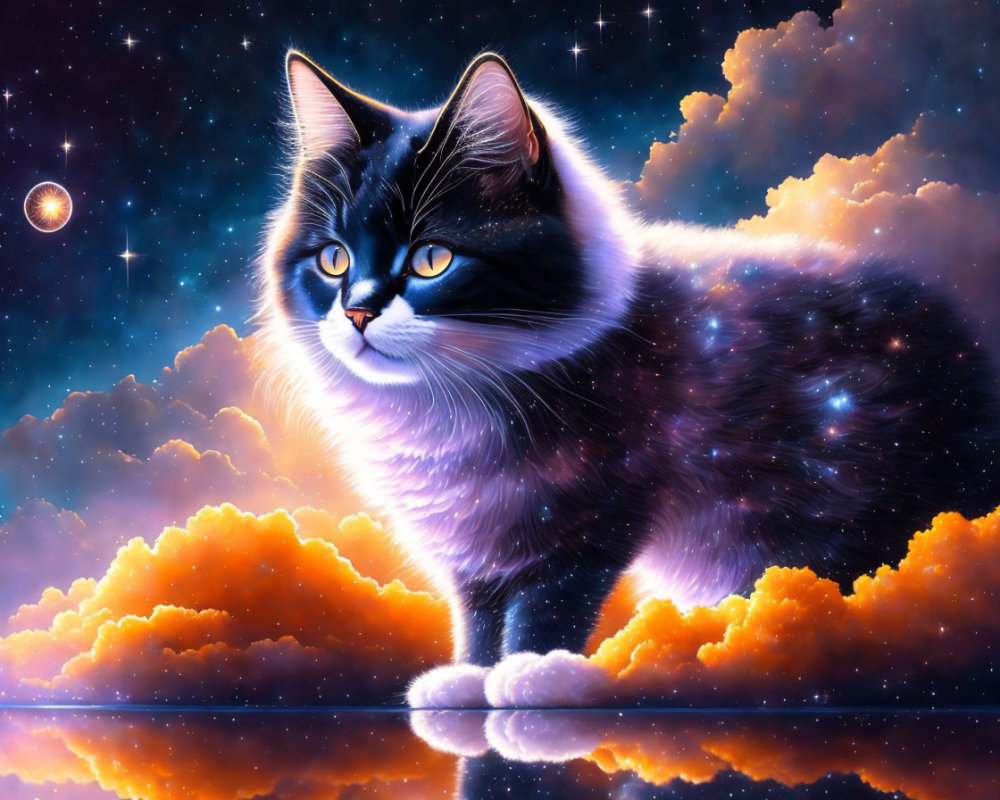 Cat with Cosmic Night Sky Fur Pattern on Clouds Reflecting Space