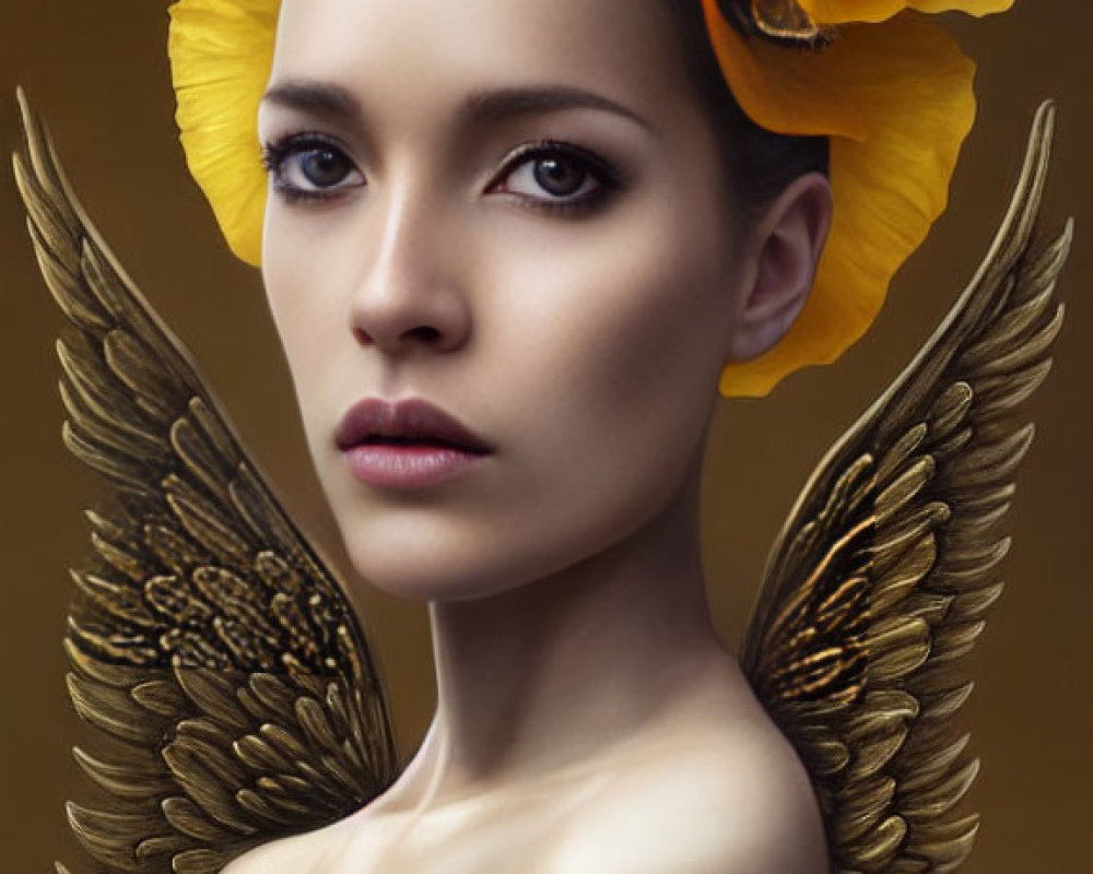 Person adorned with golden wings, large yellow flower, and unique eye features