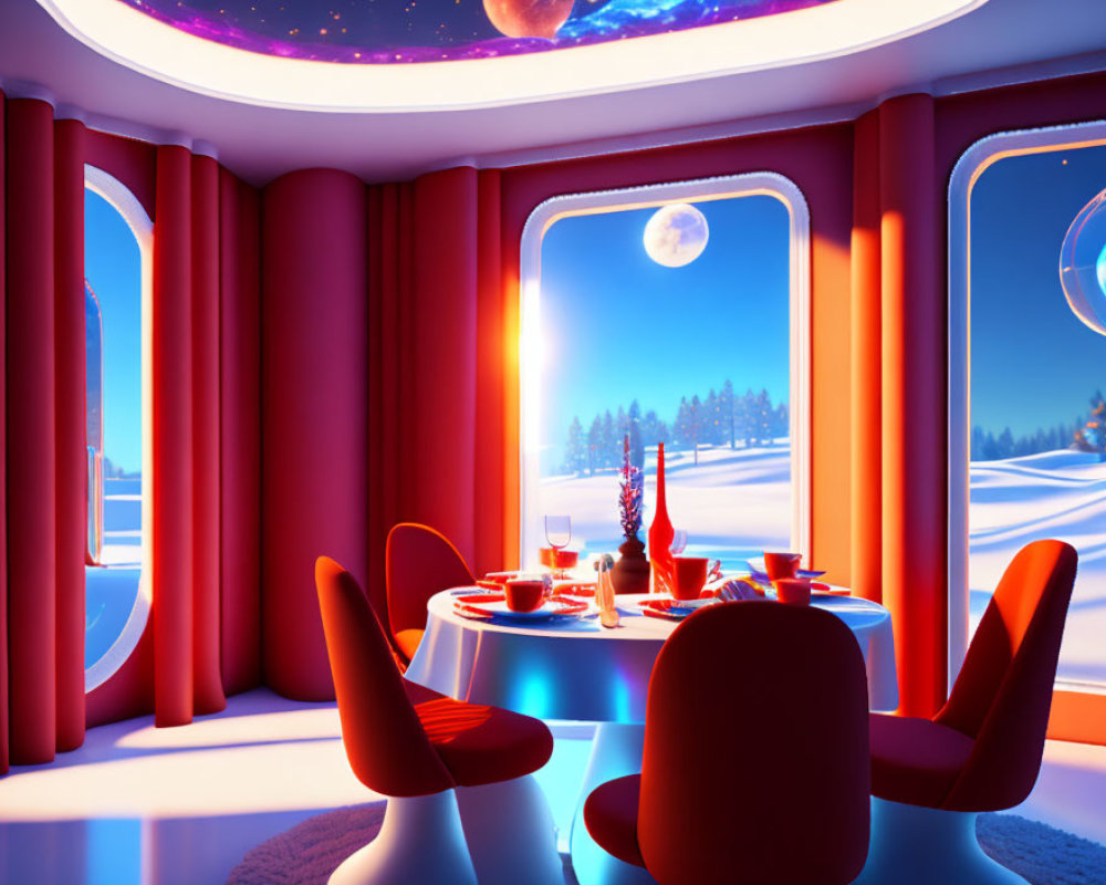Futuristic dining area with snowy landscape view & warm lighting