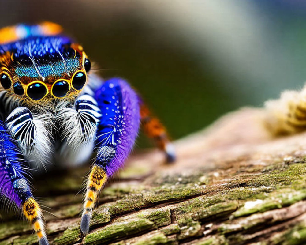 Colorful Jumping Spider with Blue and Orange Patterns on Textured Wood
