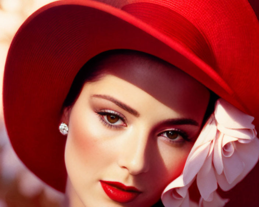 Elegant woman with red hat and diamond earring in sunlight