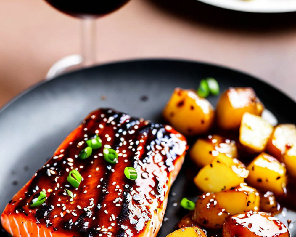 Sesame Glazed Salmon Fillet with Roasted Potatoes and Red Wine on Black Plate