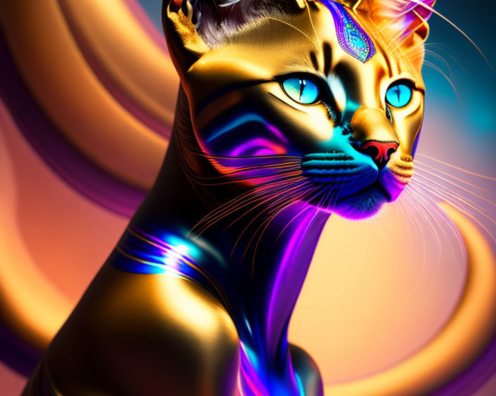 Colorful digital art: Metallic cat with blue eyes and neon highlights