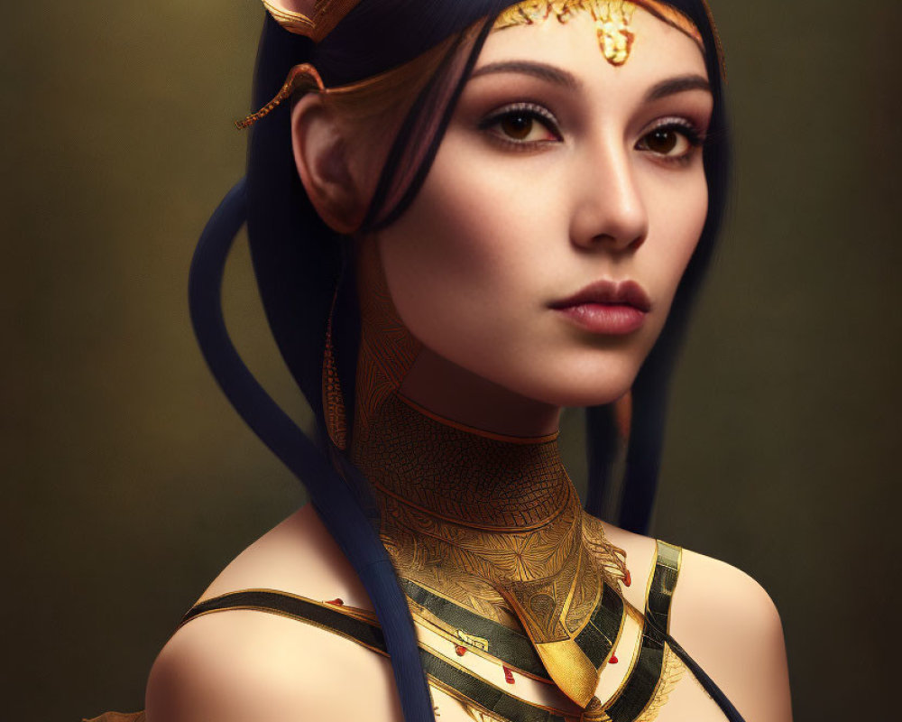Digital Artwork: Woman with Cat-Like Features and Golden Accessories