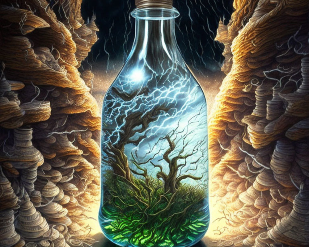 Transparent bottle with miniature thunderstorm, tree, and terrain inside, against dark cave with coin stacks