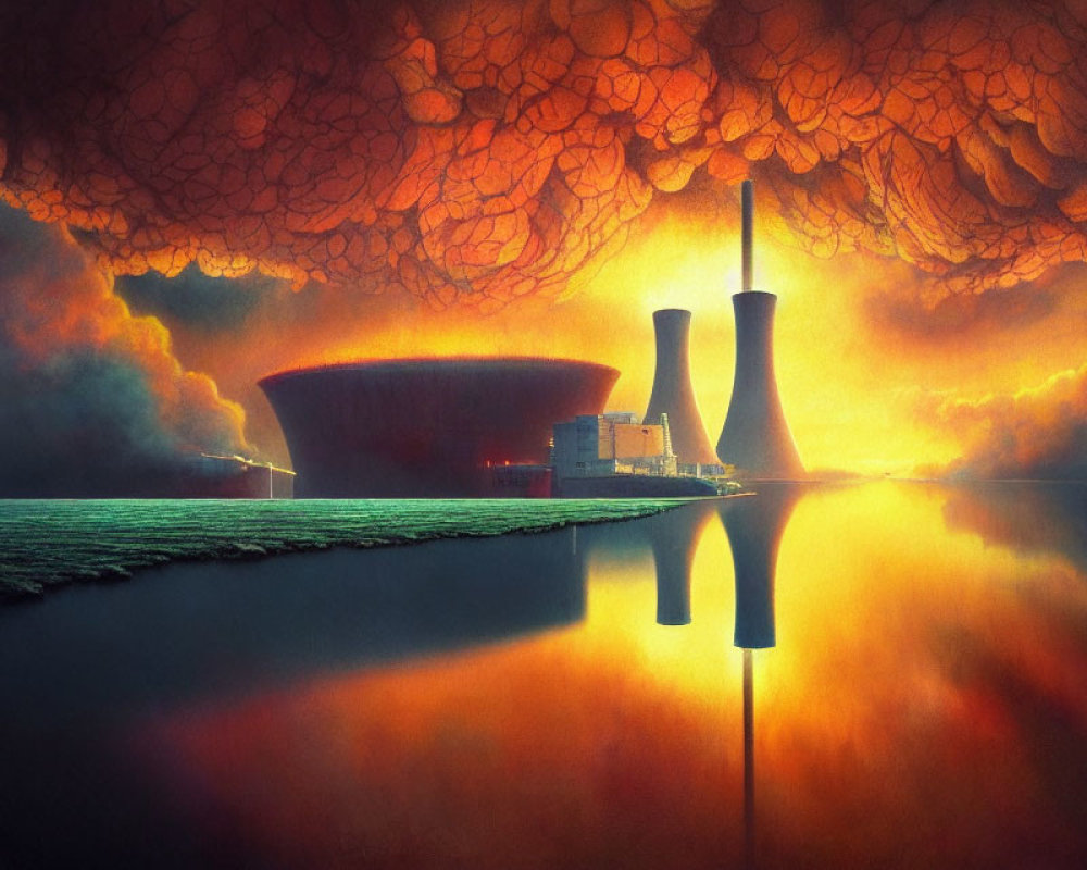 Surreal fiery landscape with nuclear power plant and red sky