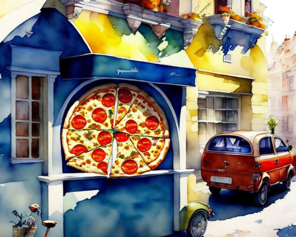 Colorful watercolor of a charming pizza shop with classic car and bicycle