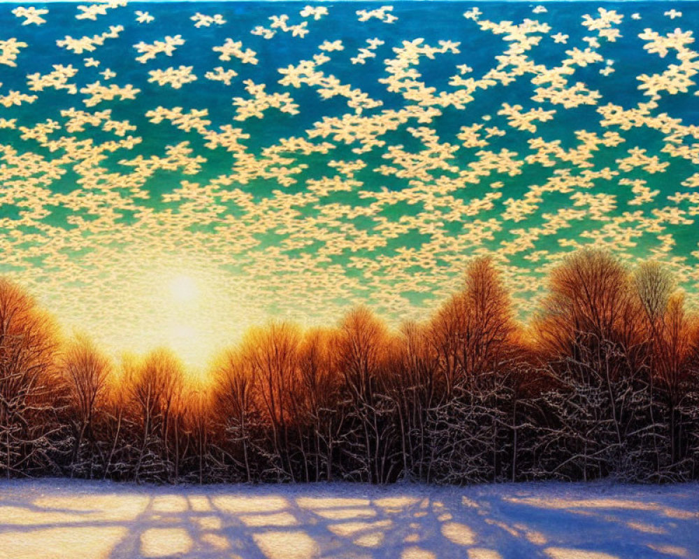 Snow-covered landscape painting at sunset with silhouetted trees and falling snowflakes