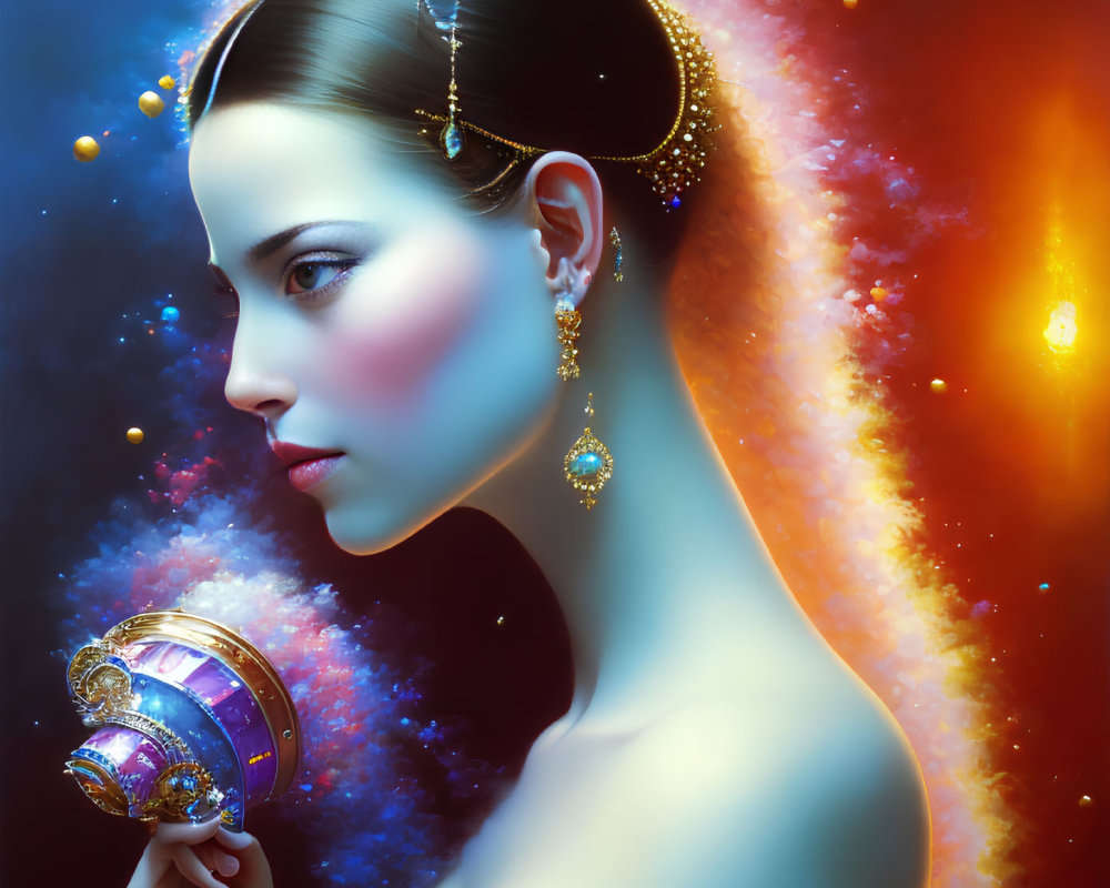 Elegant woman with jewelry in cosmic setting holding decorative object