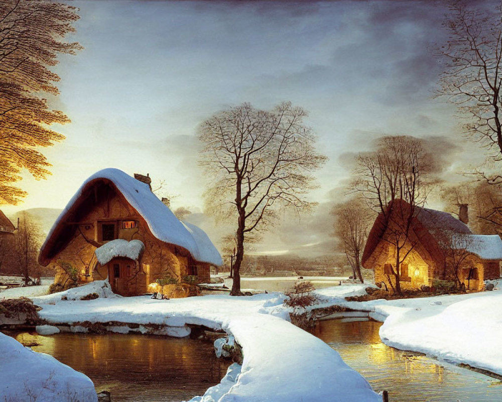Winter Thatched-Roof Cottages by Frozen River at Dusk