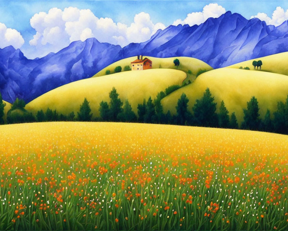 Colorful painting of blooming field, hills, house, trees, and mountains under blue sky.