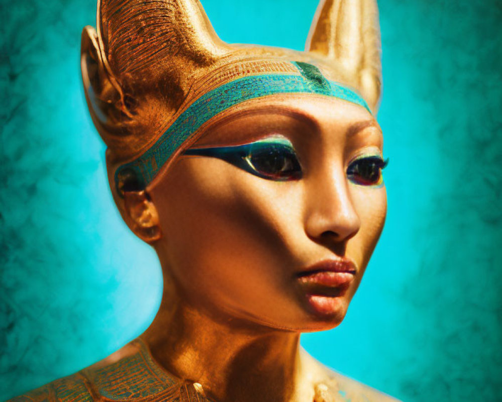 Stylized portrait of person with Ancient Egyptian cat goddess makeup on turquoise backdrop