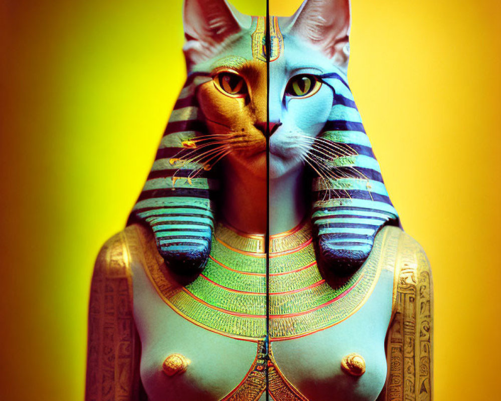Composite Image: Cat head merges with Egyptian statue body on split yellow backdrop